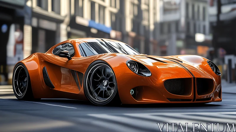 Sunlit orange supercar cruising a calm city street.