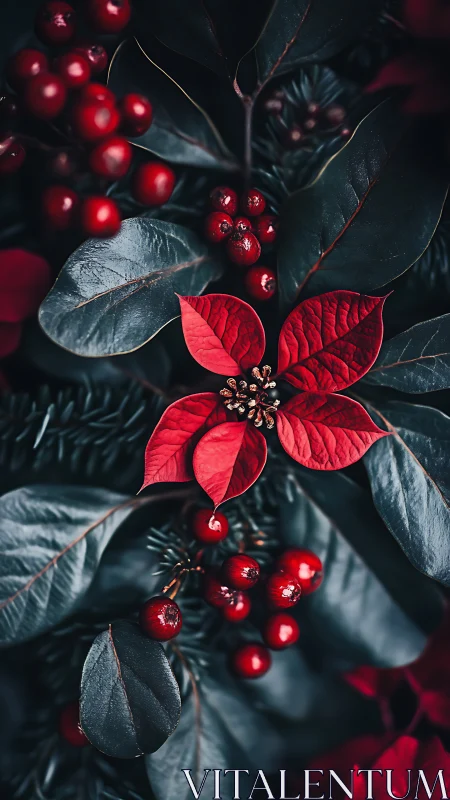 Red poinsettia bracts with berries in dark foliage cluster.