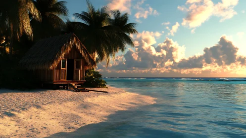 Solitary Thatched Beach Pavilion at Sunset with Tropical Palms.