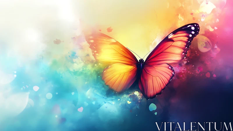 Butterfly drifting through a soft rainbow dreamscape.