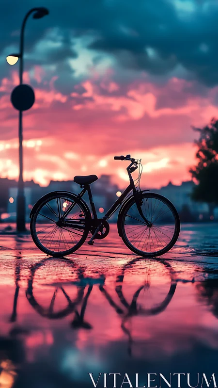 Silhouetted Bicycle at Dusk with Dramatic Pink Sky Reflection.