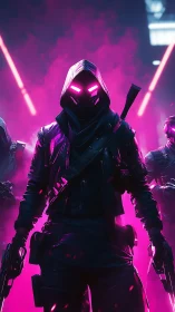 Hooded cyber warrior group in neon magenta urban haze.