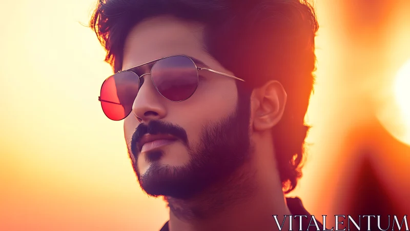 Sunset-lit portrait with reflective rose-tinted aviators.