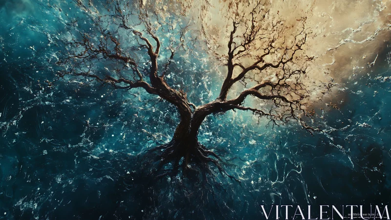 Bifurcated arboreal system suspended in turbulent aqua field.