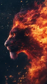 Fiery lion profile blazing through dark cosmic void.