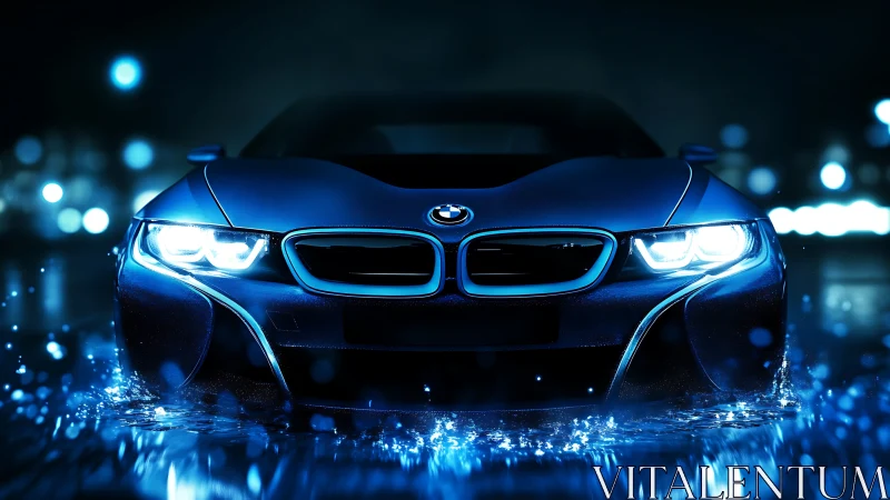 Electric blue sports car cuts through neon-lit midnight rain