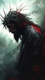 Crowned figure in anguished profile within stormy gloom.