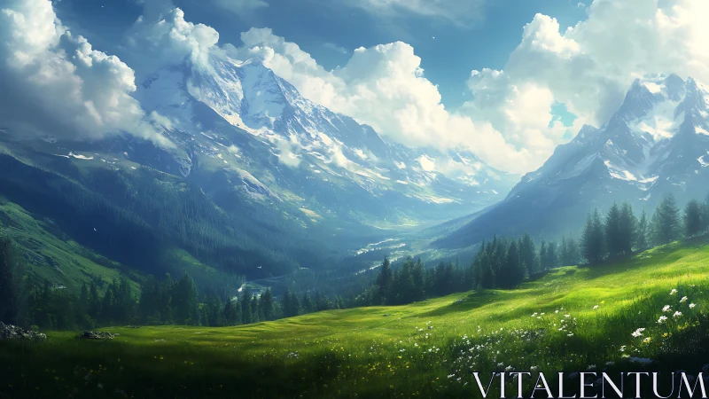 Sunlit meadows lean toward towering, cloud-draped peaks