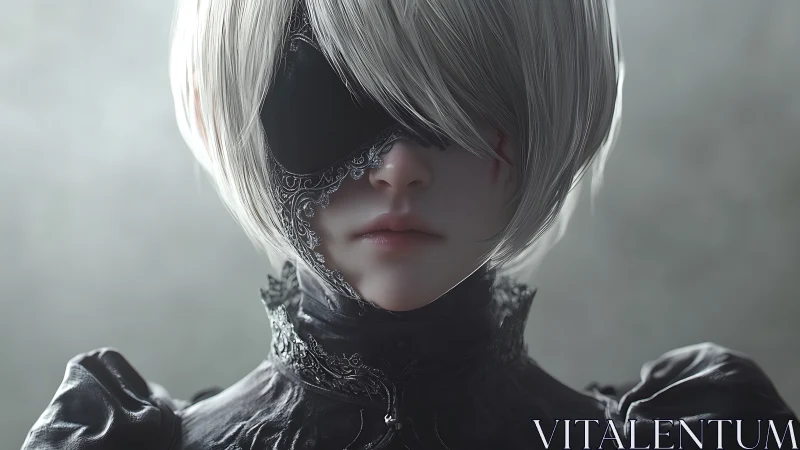 Masked white haired android portrait in black armor.