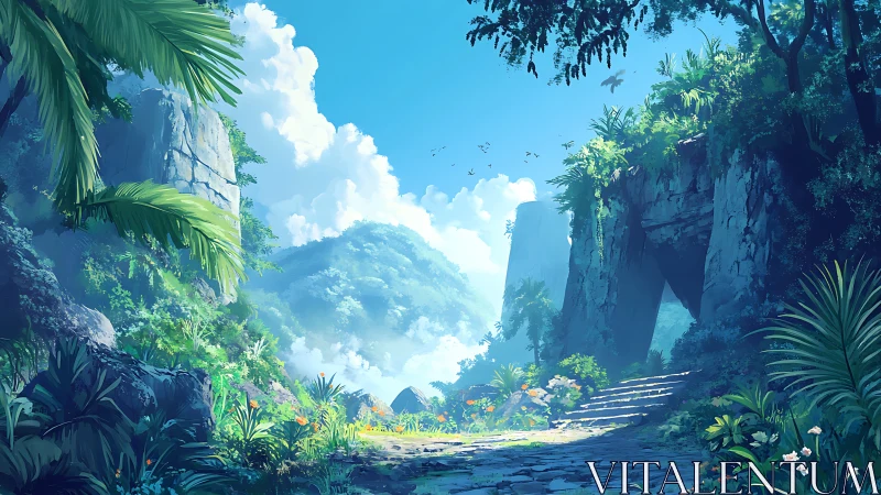 Lush tropical valley surrounds stone stairway and rock arch