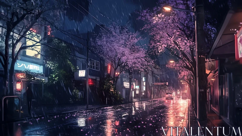 Nocturnal urban street in rain with illuminated cherry blossoms