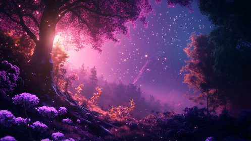 Fantasy forest glows under dense purple and pink night sky