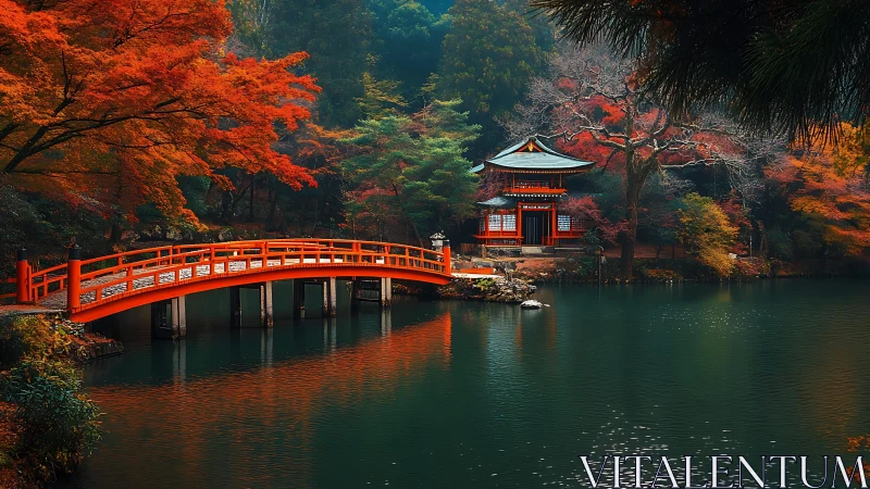 Red arch bridge and lakeside pavilion in forested autumn valley.