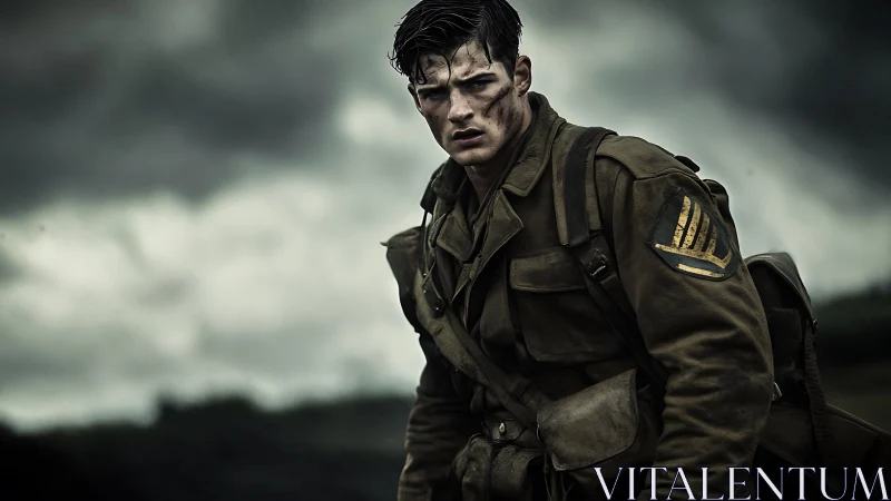 Battle-weary soldier stands beneath storm-laden skies.