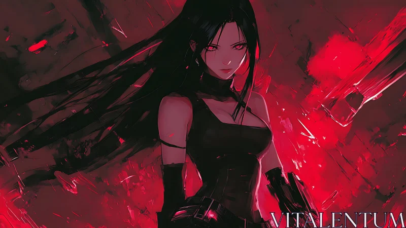 Dark-haired anime warrior stands amid violent crimson light.