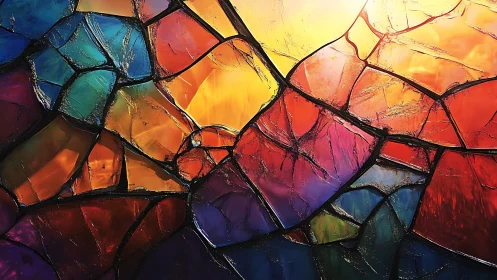 Abstract stained glass window with vivid colors and sunlight.