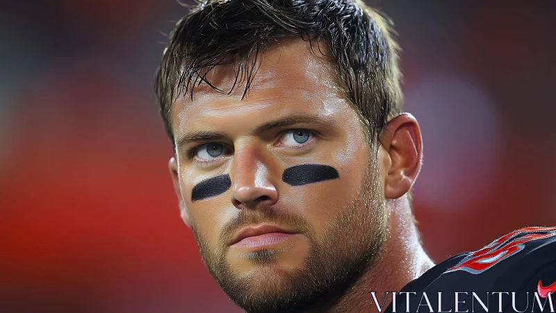 Focused football player under bright stadium lights.