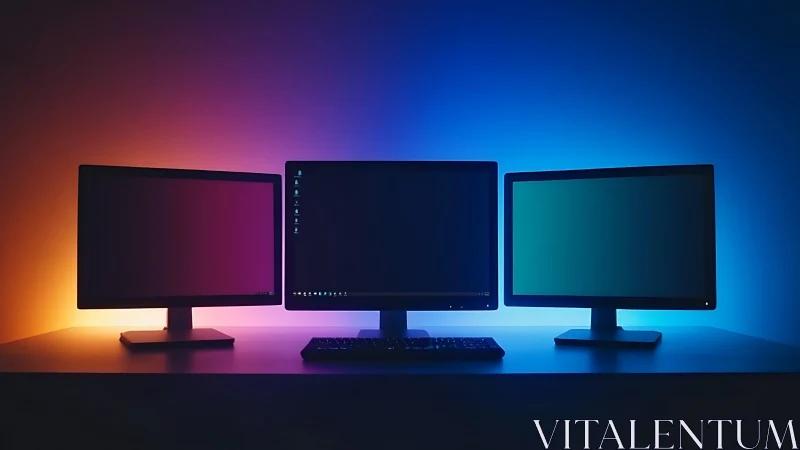 Triple monitor desktop with gradient RGB backlighting.