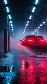 Car tail lights glow in neon tunnel during heavy rain.