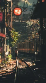 Twilight rails cradle a lone girl in neon soaked silence