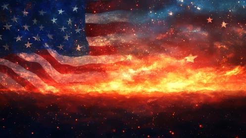 American Flag on Fire with Cosmic Stars