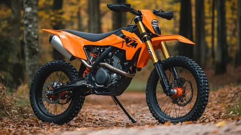 Trail-blazing orange dirt bike idles in golden forest hush.
