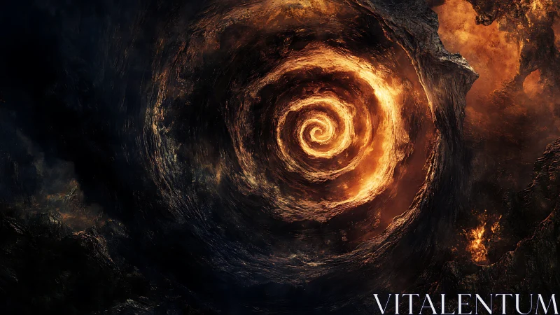 Fiery cosmic vortex spirals warmly through a dark rocky void