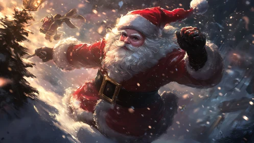 Dynamic Santa sprint in cinematic snowstorm composition.