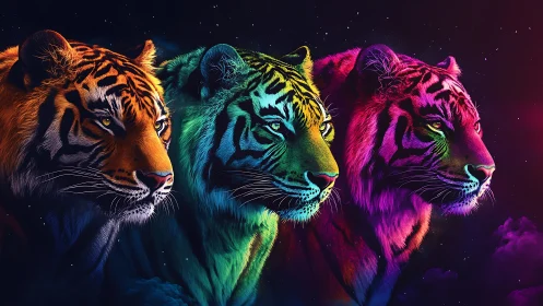 Three Neon Tigers Against Starfield Night Sky
