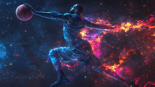 Dynamic basketball dunk rendered with neon fire trails and cosmic haze
