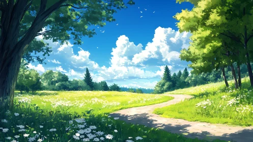 Sunlit meadow path under towering clouds and lush trees.