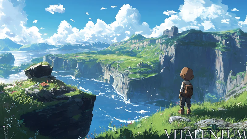 Young explorer overlooking vast coastal cliff kingdom.