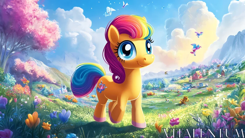 Radiant rainbow-maned pony in luminous fantasy meadow.