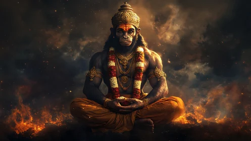Digital painting of divine simian deity in fiery meditation pose.