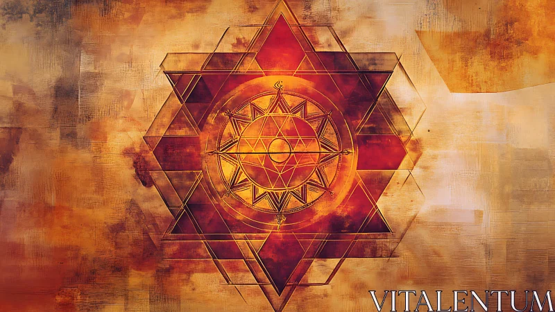 Geometric mandala symbol over textured amber background.