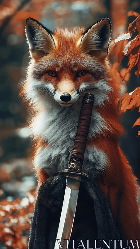 Fox knight in autumn woods with bright, curious eyes.