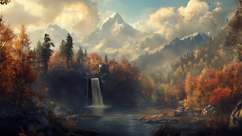 Cozy cabin above a misty waterfall in golden autumn valley.