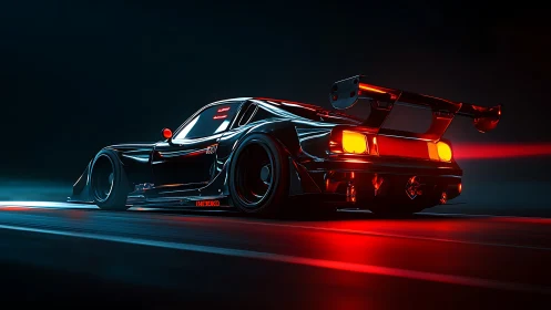 Modified black sports car accelerates under red neon light