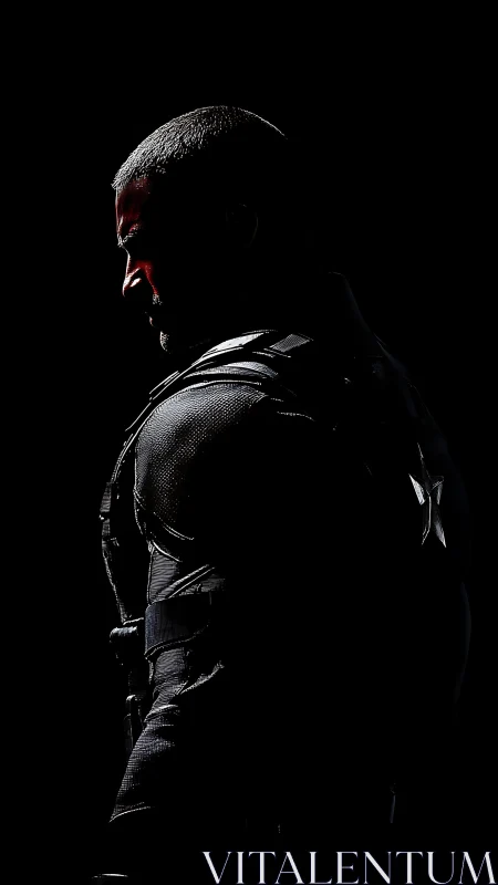 Armored soldier stands in dramatic red rim lighting silhouette