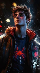 Moody neon-lit youth in rain with graphic spider emblem.
