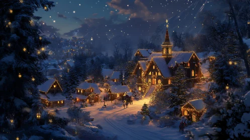 Snowy village glows with cozy lights on a peaceful winter night