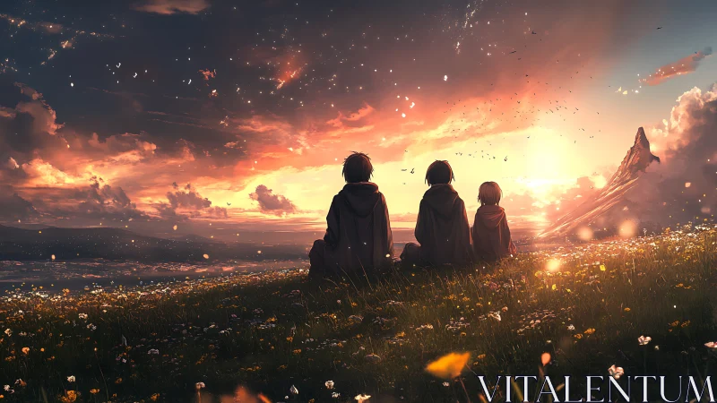 Sunset sky braids quiet dreams around three small watchers