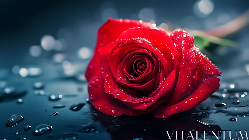 High-resolution red rose with water droplet surface tension and bokeh background depth