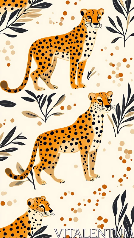 Spotted feline subjects with botanical elements and dot patterns.