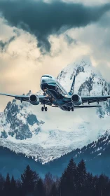 Jet crossing winter peaks in dramatic mountain light.