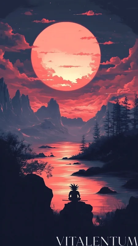 Crimson supermoon bathes tranquil lake in surreal glow.