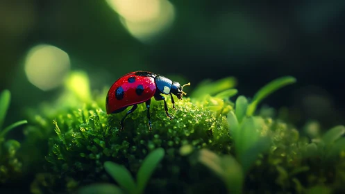Glistening ladybug on dew covered moss in dreamy bokeh field.