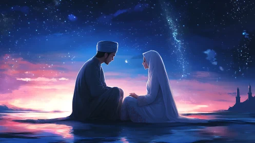 Two Figures Embrace Under Starlit Twilight Sky.