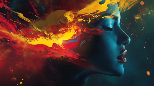 Digital profile portrait shows blue face with abstract color flow