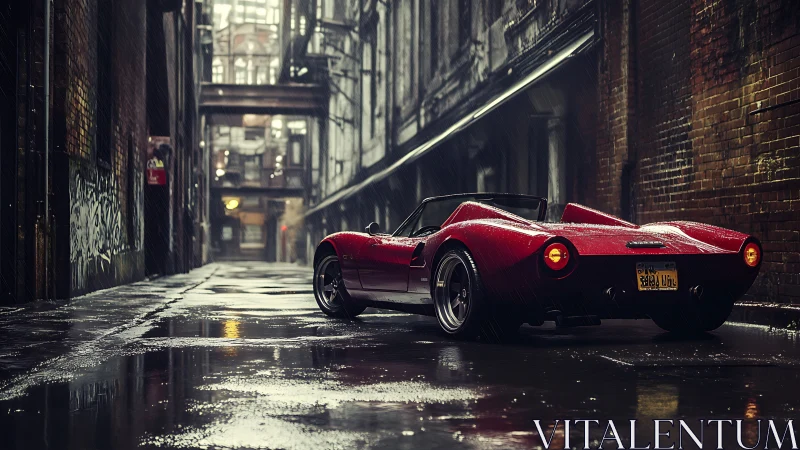Red sports convertible in wet urban alleyway at night.